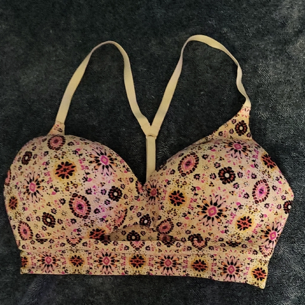 Floral Print Women's Bra - Cream and Pink